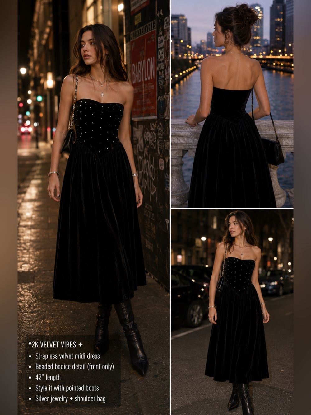Elegant Strapless Black Velvet Evening Dress with Crystal Accents